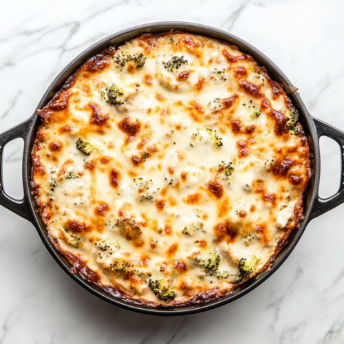 A slice of Keto Chicken Broccoli Casserole is served on a white plate, revealing layers of creamy cheese, tender chicken, and bright green broccoli. The golden, bubbly cheese topping is intact, with the plate placed on the white marble cooktop for a clean and minimal presentation