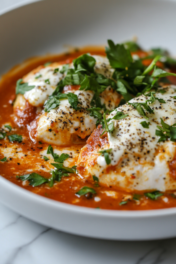 Close-up shot of the finished Keto Chicken Parmesan on a white plate, placed on the white marble cooktop. The chicken is topped with golden, melted cheese and marinara sauce, garnished with fresh herbs, ready to be enjoyed.