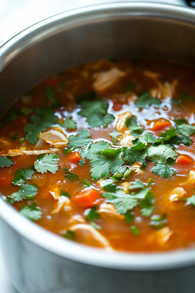 Close-up shot of a large pot on the white marble cooktop with the soup being served hot, garnished with fresh cilantro. The soup has a creamy, red-orange hue with visible chunks of chicken, vegetables, and a delicate sprinkle of cilantro on top, adding a fresh contrast.