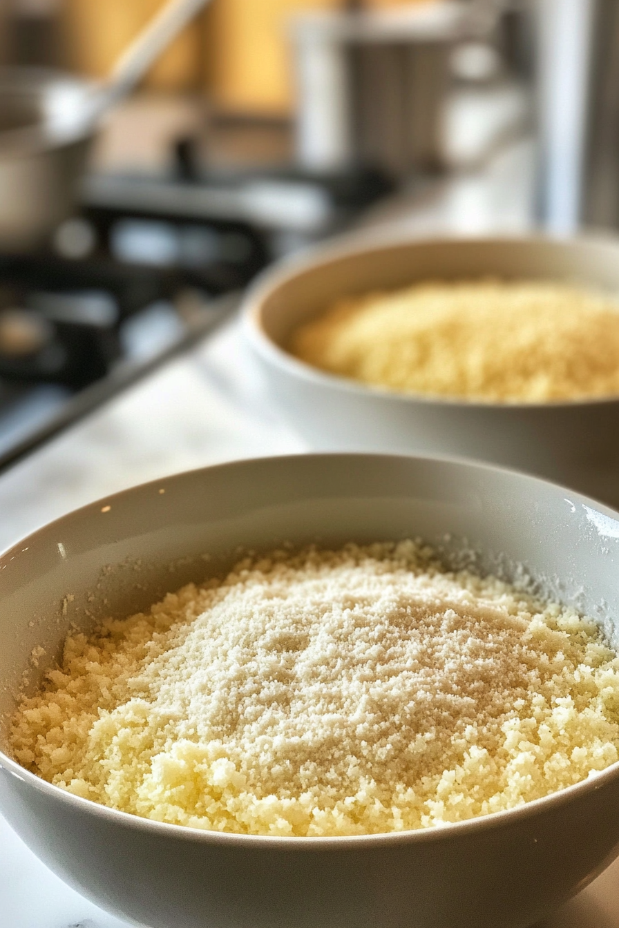 Close-up shot of two mixing bowls on the white marble cooktop. One bowl contains whisked eggs, smooth and frothy. The other bowl holds a mixture of almond flour, parmesan cheese, garlic powder, and onion powder, combined into a textured coating.