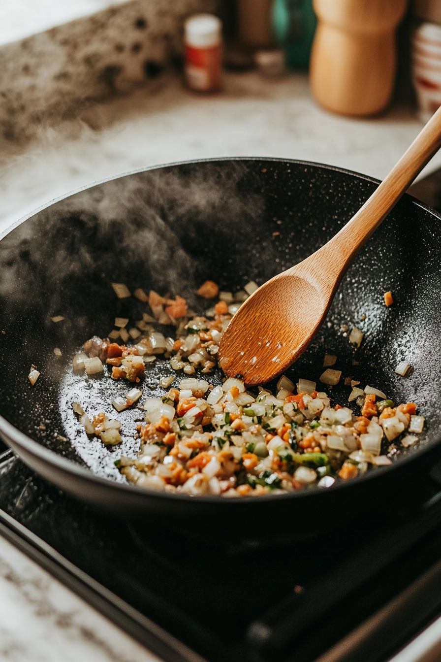 Close-up shot of the same black skillet on the white marble cooktop with sliced mushrooms and chopped red bell pepper added to the onion and garlic, cooking until caramelized. The ingredients are sizzling and browning.