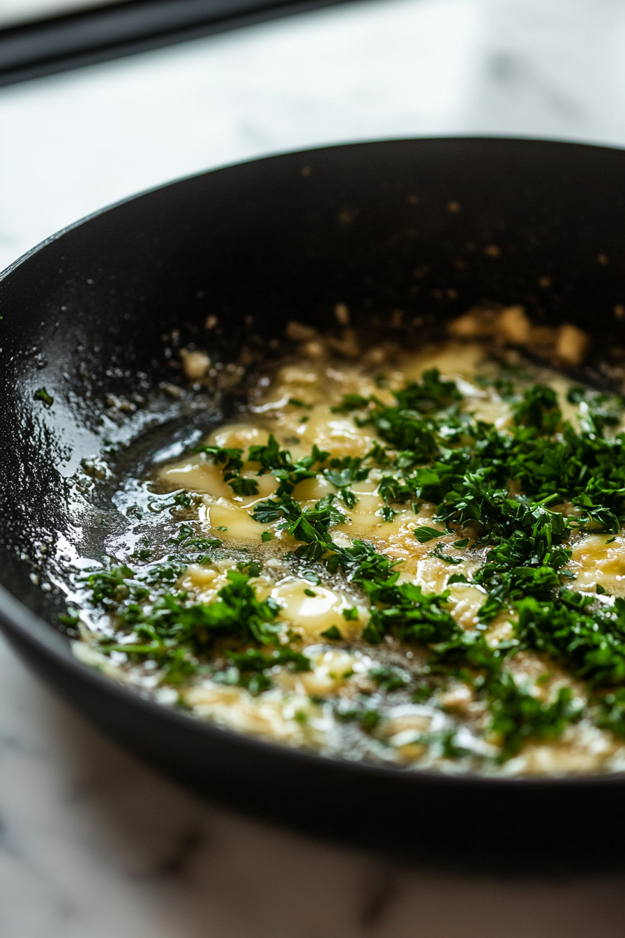 Close-up shot of a large black skillet on a white marble cooktop with melted butter, minced garlic, and freshly chopped parsley cooking together. The garlic is turning golden brown, filling the skillet with an inviting aroma. The herbs are stirring in the pan, creating a flavorful sauce.