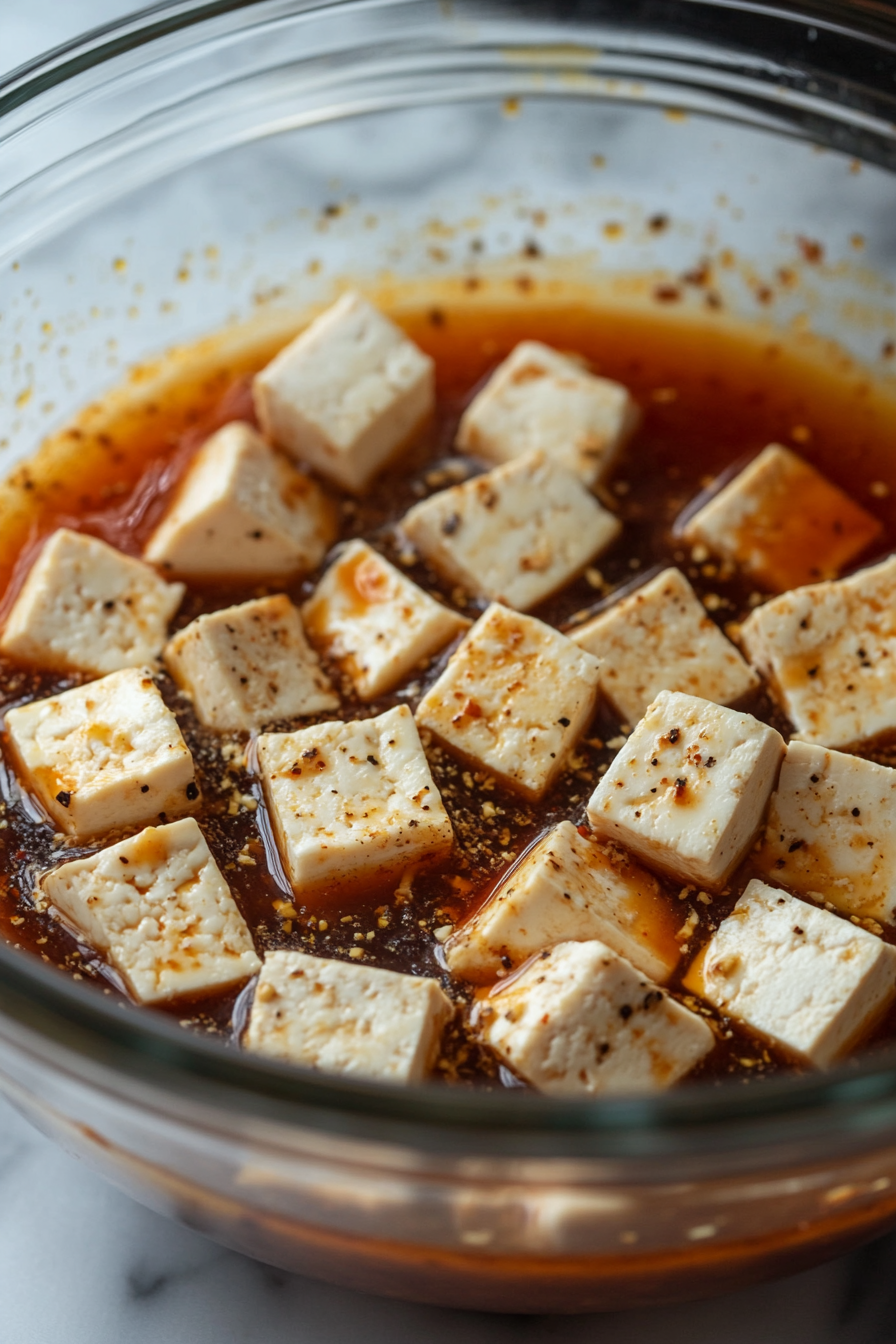 Close-up shot of a glass bowl on a kitchen counter with non-dairy milk, buffalo sauce, and seasonings being mixed, with tofu pieces submerged in the marinade