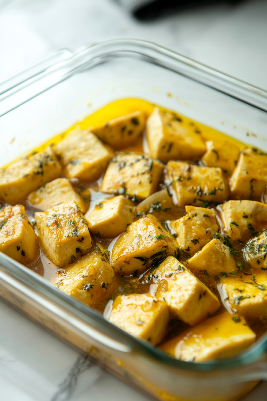 Close-up shot of tofu pieces marinating in vegan chicken broth in a glass casserole dish on the white marble cooktop. The broth is rich and golden, covering the tofu pieces