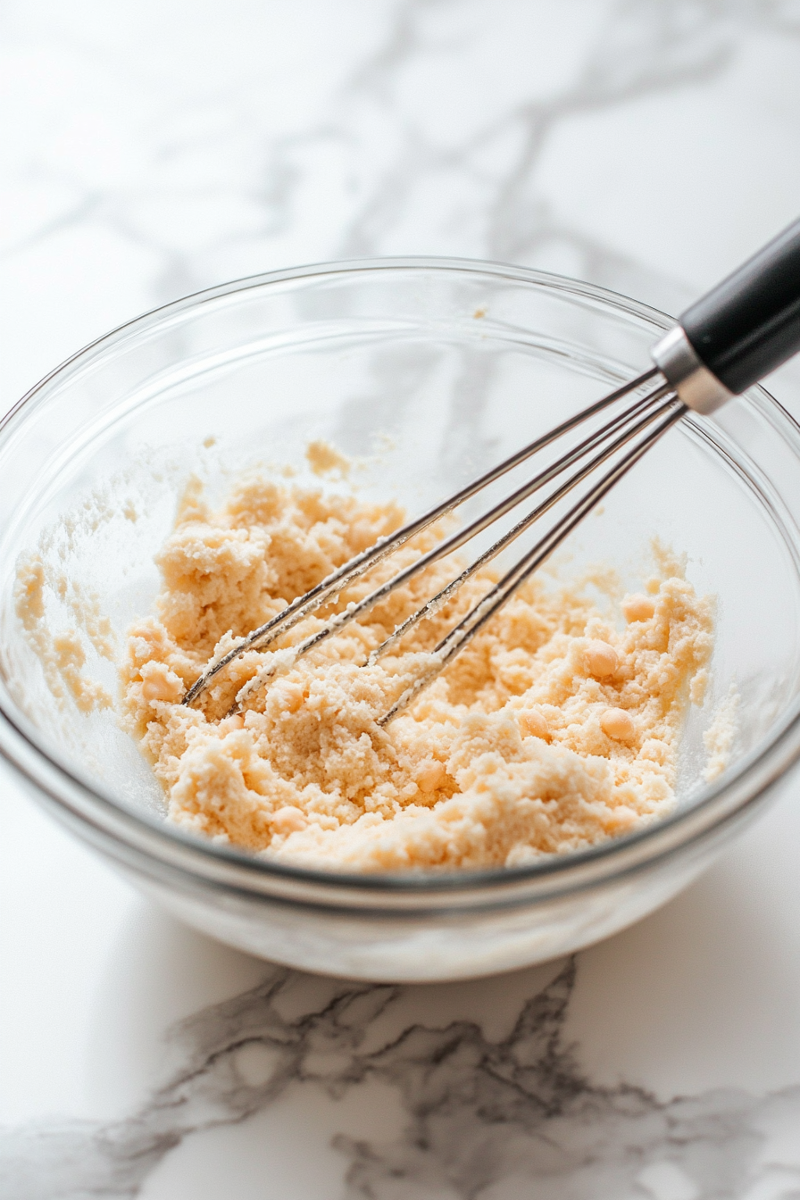 Close-up shot of a glass mixing bowl on the white marble cooktop with drained chickpeas being mashed with a potato masher, creating a smooth mixture