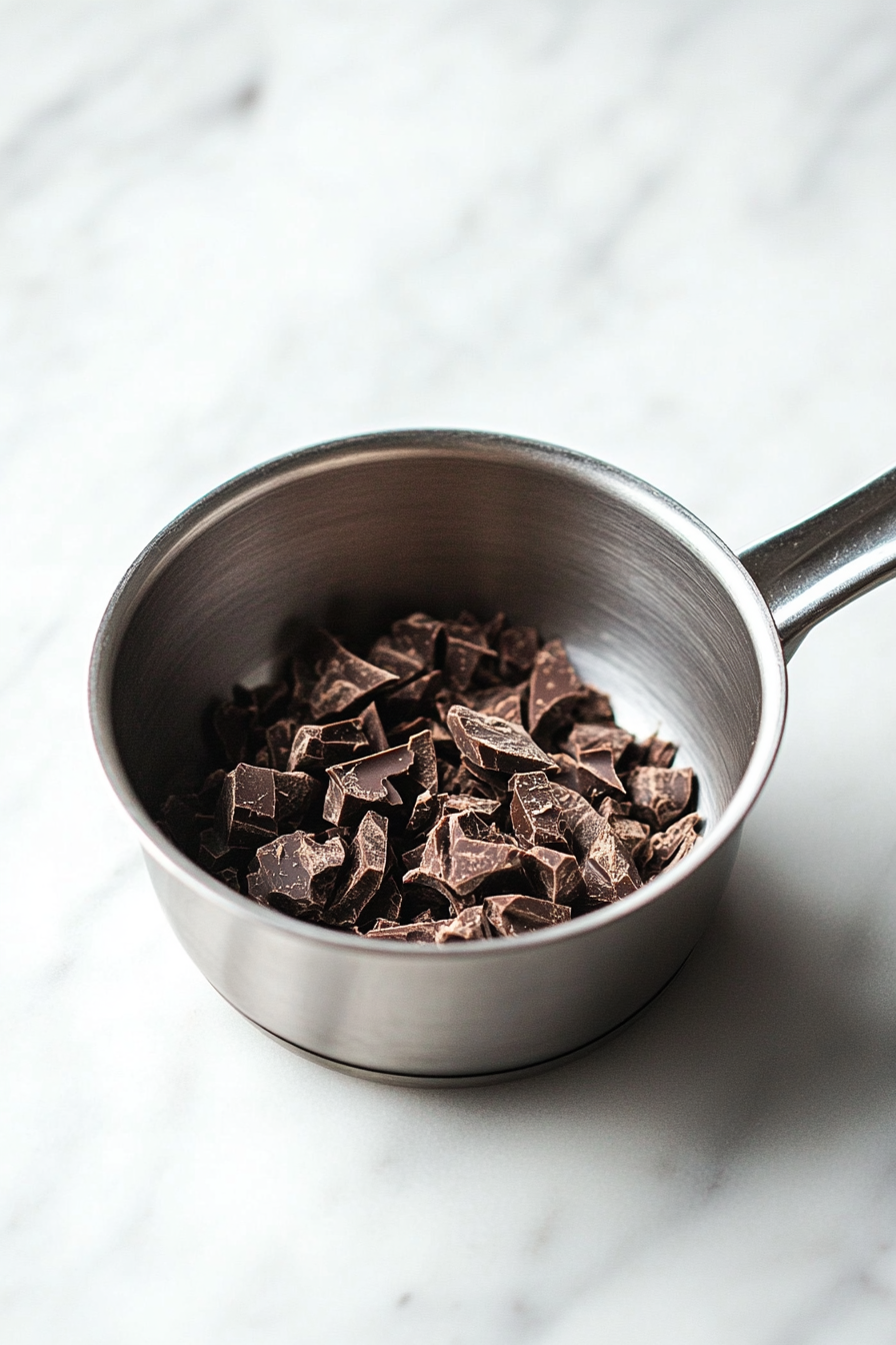 A close-up of a small stainless steel saucepan on a white marble countertop containing chunks of dairy-free chocolate melting into smooth coconut oil. The glossy mixture has faint swirls of chocolate blending with the oil.