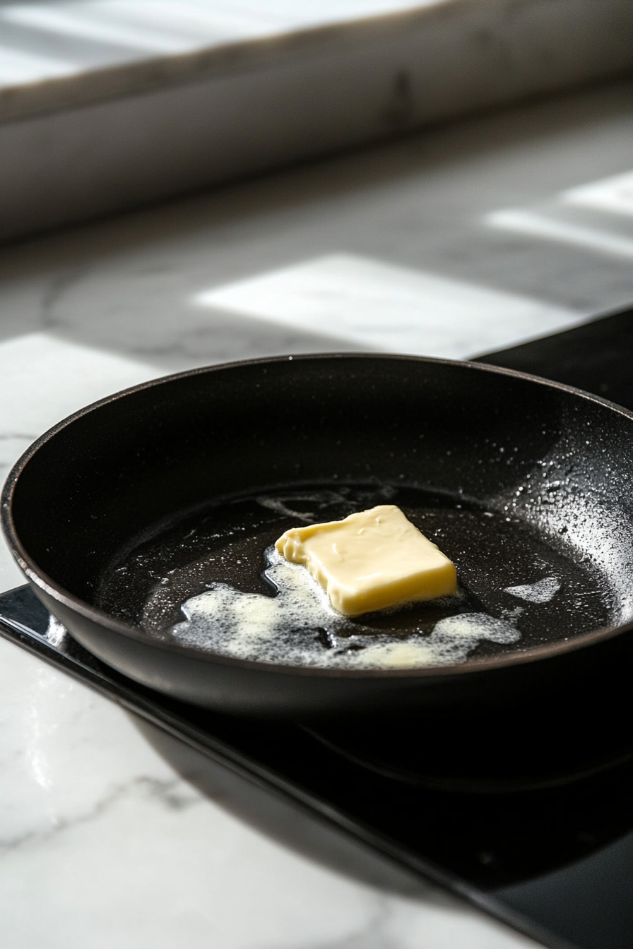 Close-up shot of the same large black skillet over the white marble cooktop, with a dollop of vegan butter melting into a glossy pool. The butter starts to foam slightly as it heats.