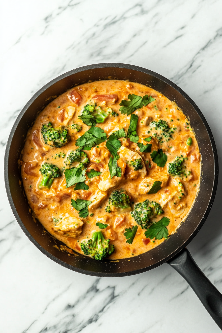 The black skillet contains the reduced cream, now blended with ½ cup shredded mozzarella and grated Parmesan. The sauce is smooth, creamy, and speckled with melted cheese, sitting on the white marble cooktop for uniformity.