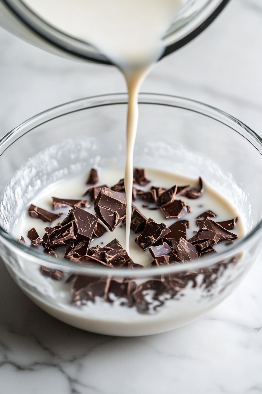 A close-up of a glass bowl on a white marble countertop, filled with roughly chopped dark chocolate. Warm coconut milk is poured over it, partially melting the chocolate into glossy patches.