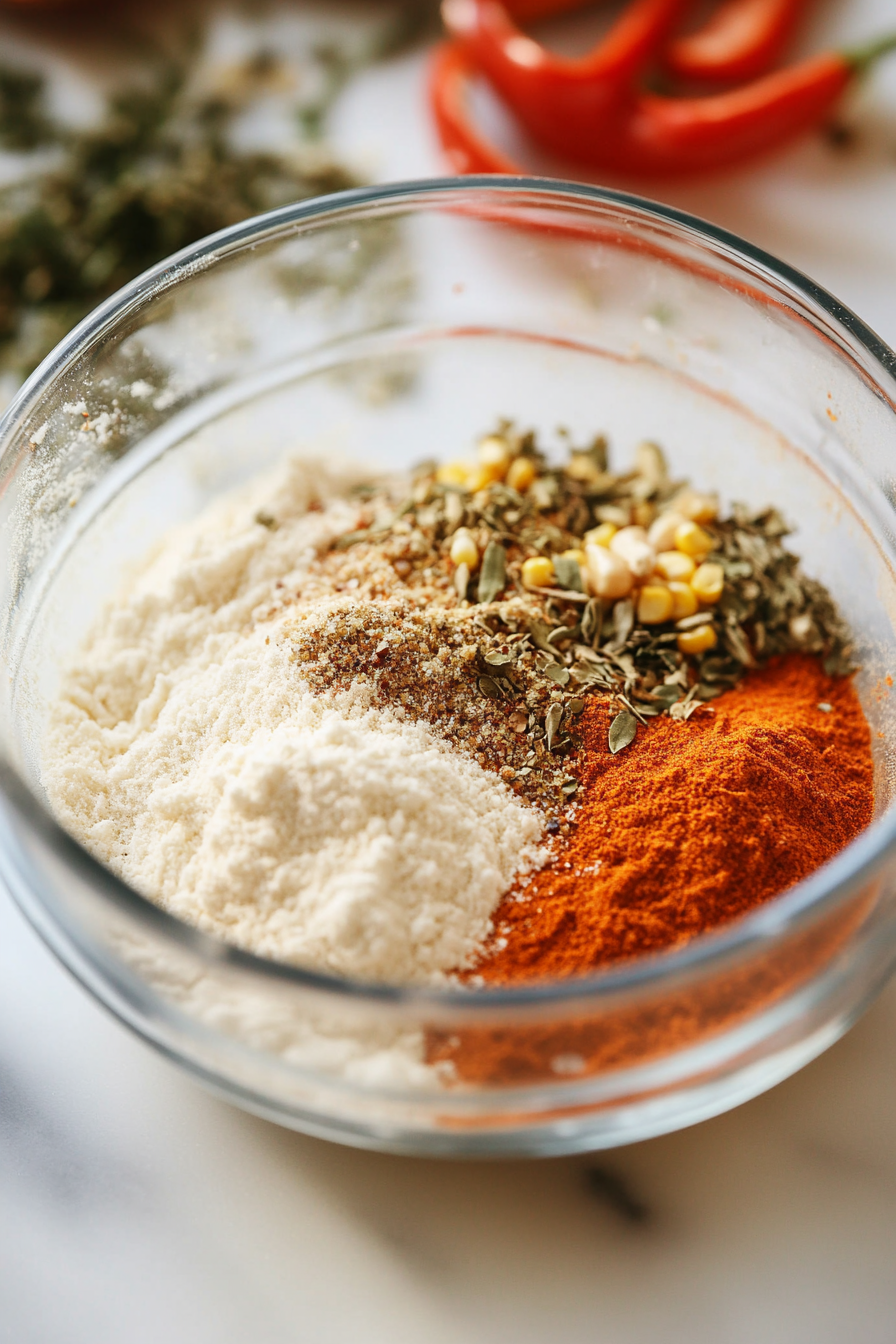 Close-up shot of a glass mixing bowl on the white marble cooktop with a blend of flour, cornstarch, cornmeal, and various spices like oregano, creole seasoning, garlic powder, and paprika, all ready to be mixed.