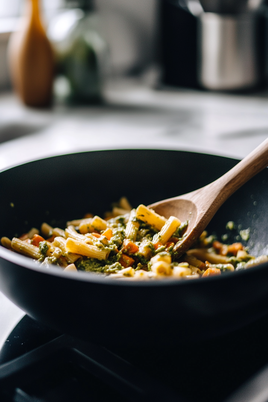 Close-up shot of a large black bowl on the white marble cooktop. The cooked pasta is being tossed with the creamy green avocado pesto, using a wooden spoon. The pasta is evenly coated with the vibrant sauce.