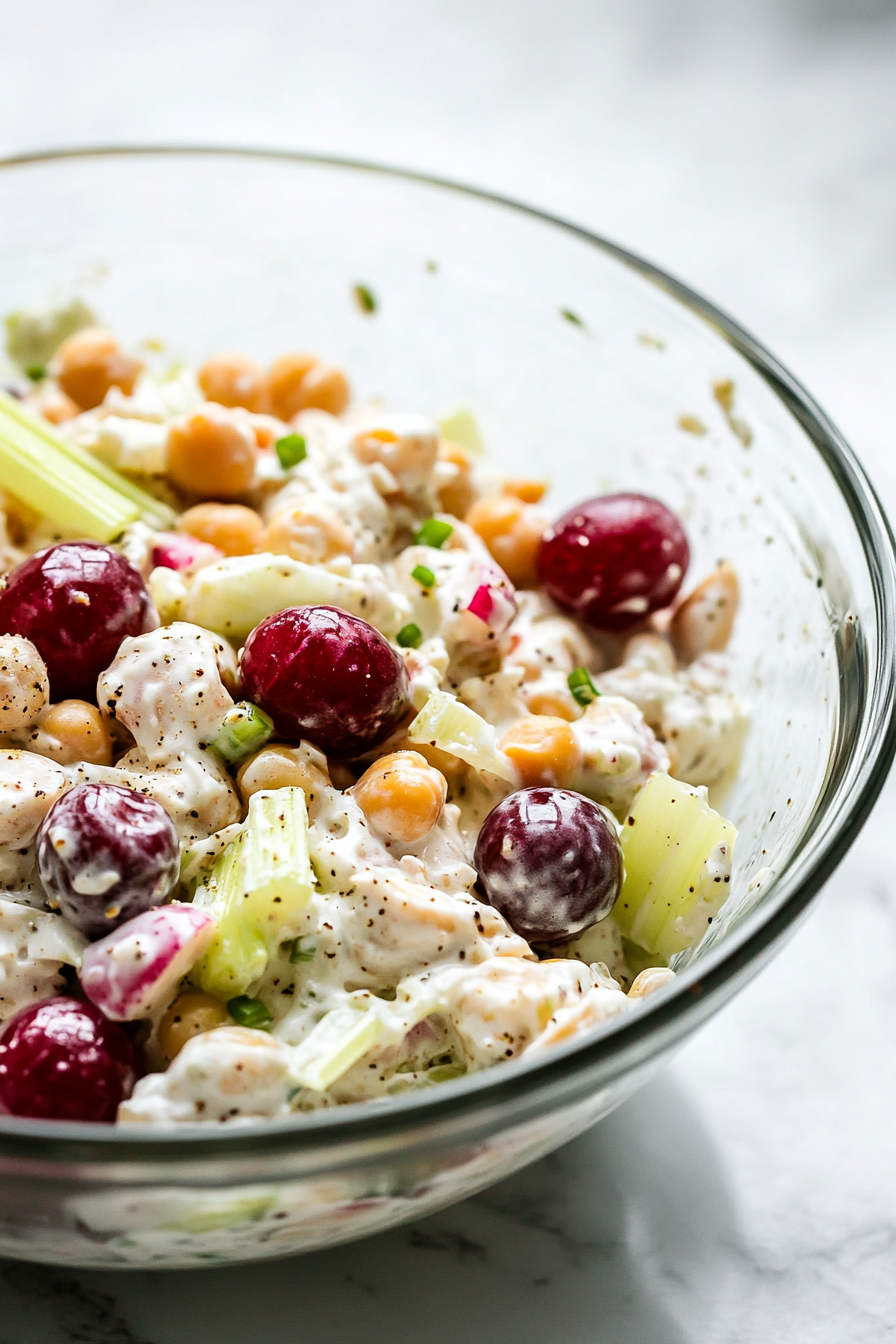 Close-up shot of the glass bowl on the white marble cooktop with the almond/chickpea mixture fully blended into a creamy salad, covered with plastic wrap, ready to be refrigerated