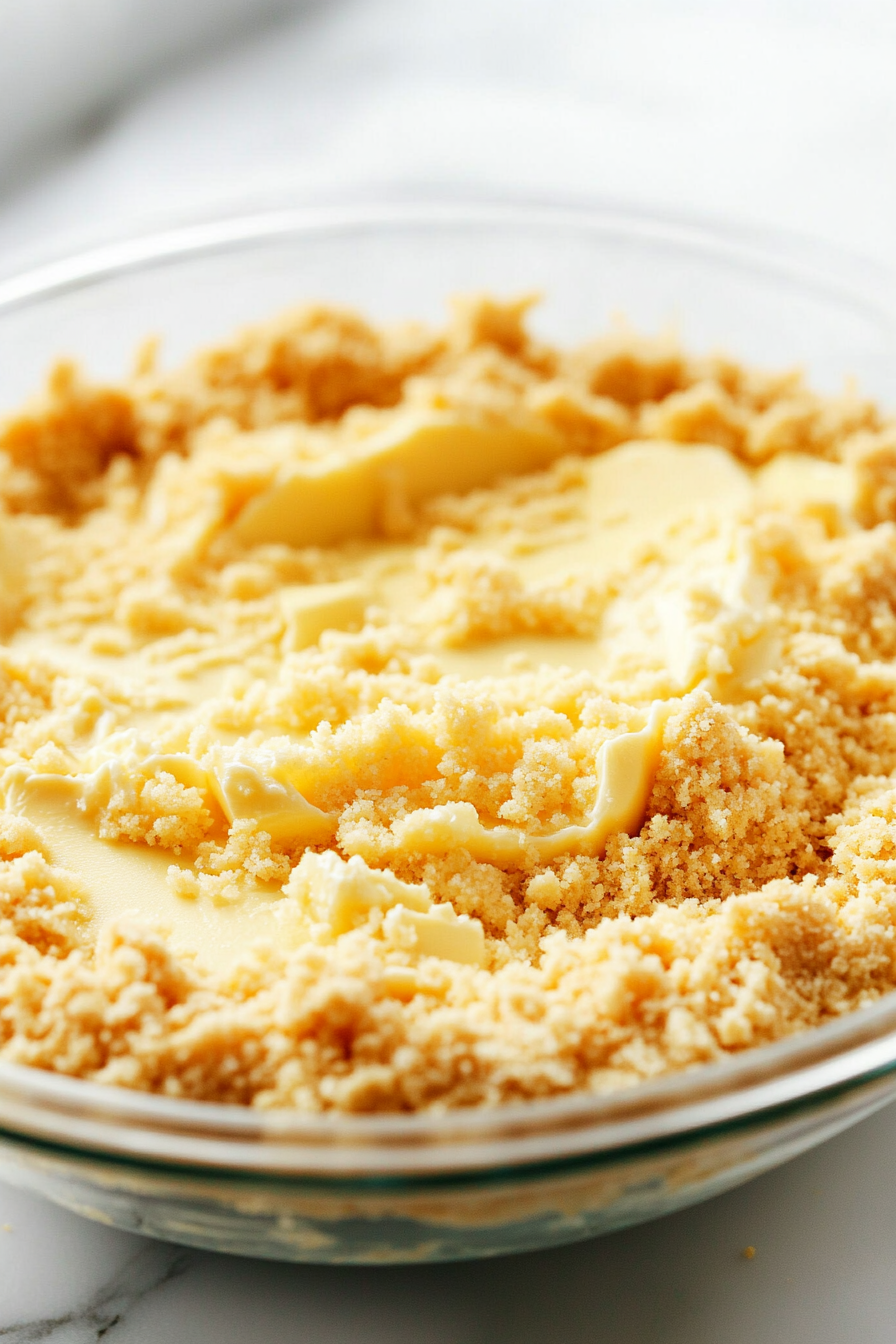 A close-up of a glass bowl on a white marble countertop containing golden cookie crumbs coated with melted vegan butter. The mixture has a cohesive, sandy texture, ready for pressing into a pie dish.