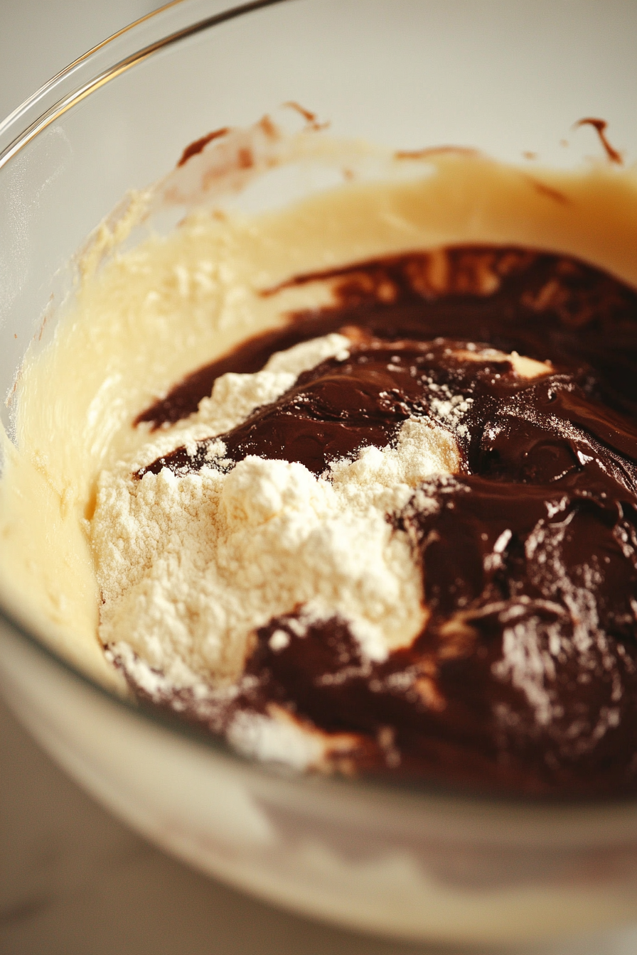 A close-up of a glass mixing bowl on a white marble countertop containing plain flour, cocoa powder, maple syrup, and melted coconut oil. The mixture is partially combined, with visible streaks of cocoa powder and clumps of dough beginning to form.