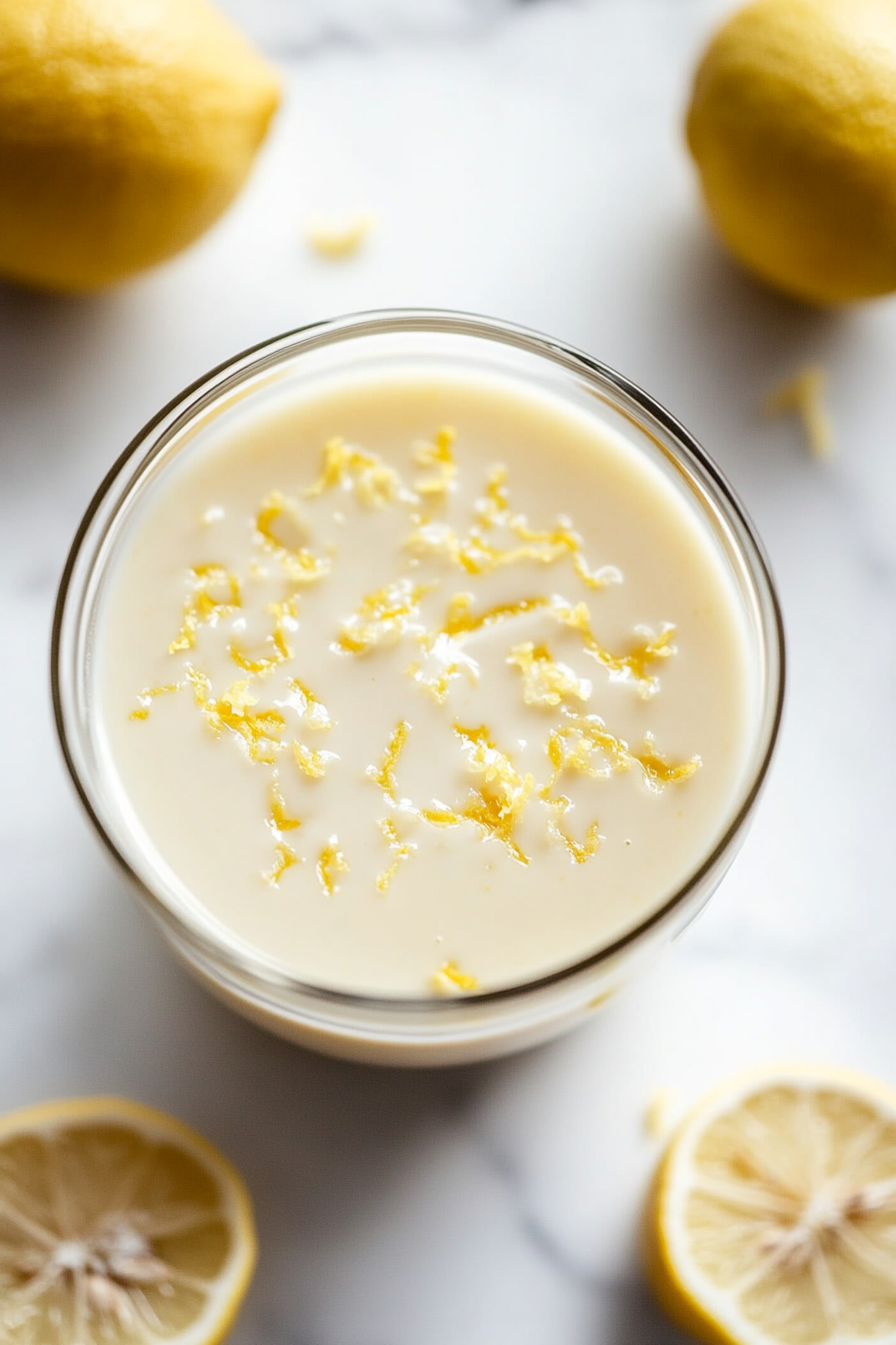 A close-up of a clear glass bowl on a white marble countertop containing a pale yellow mixture of vegan condensed milk, lemon juice, lemon zest, and lemon extract. The creamy filling has a smooth consistency with vibrant flecks of zest throughout.