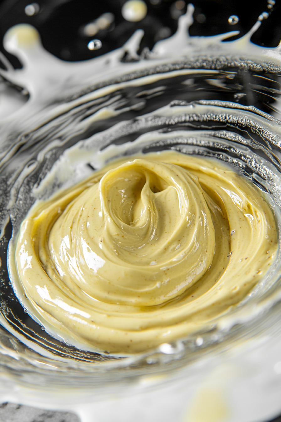 Close-up shot of a small glass bowl containing a silky smooth mixture of vegan mayo and Dijon mustard, swirled into a light yellow creamy texture, over the white marble cooktop.