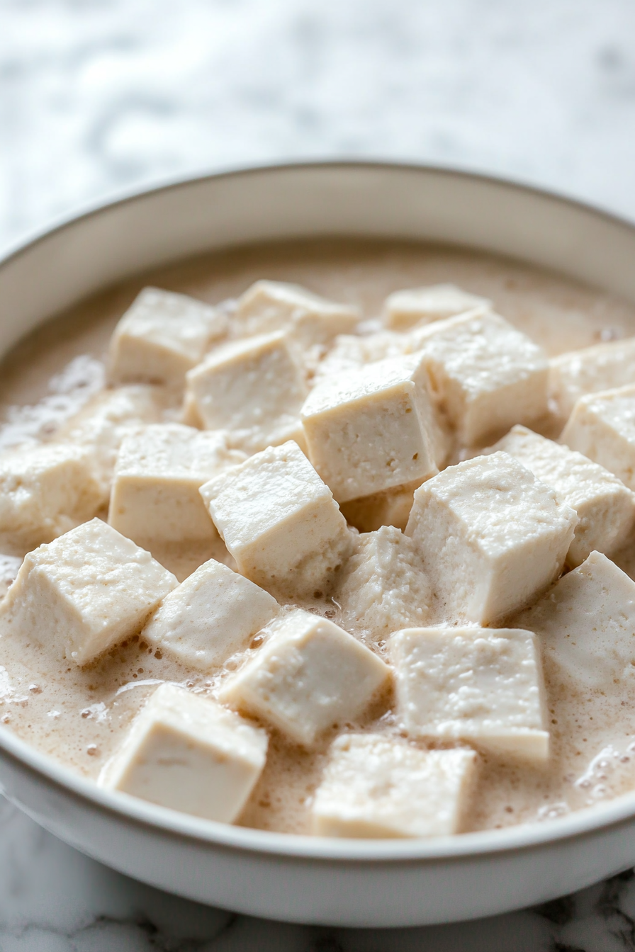 Close-up shot of tofu cubes being dipped into a bowl of thick buttermilk, then dredged in the dry flour mixture, creating a double coating of crispy batter on each cube.