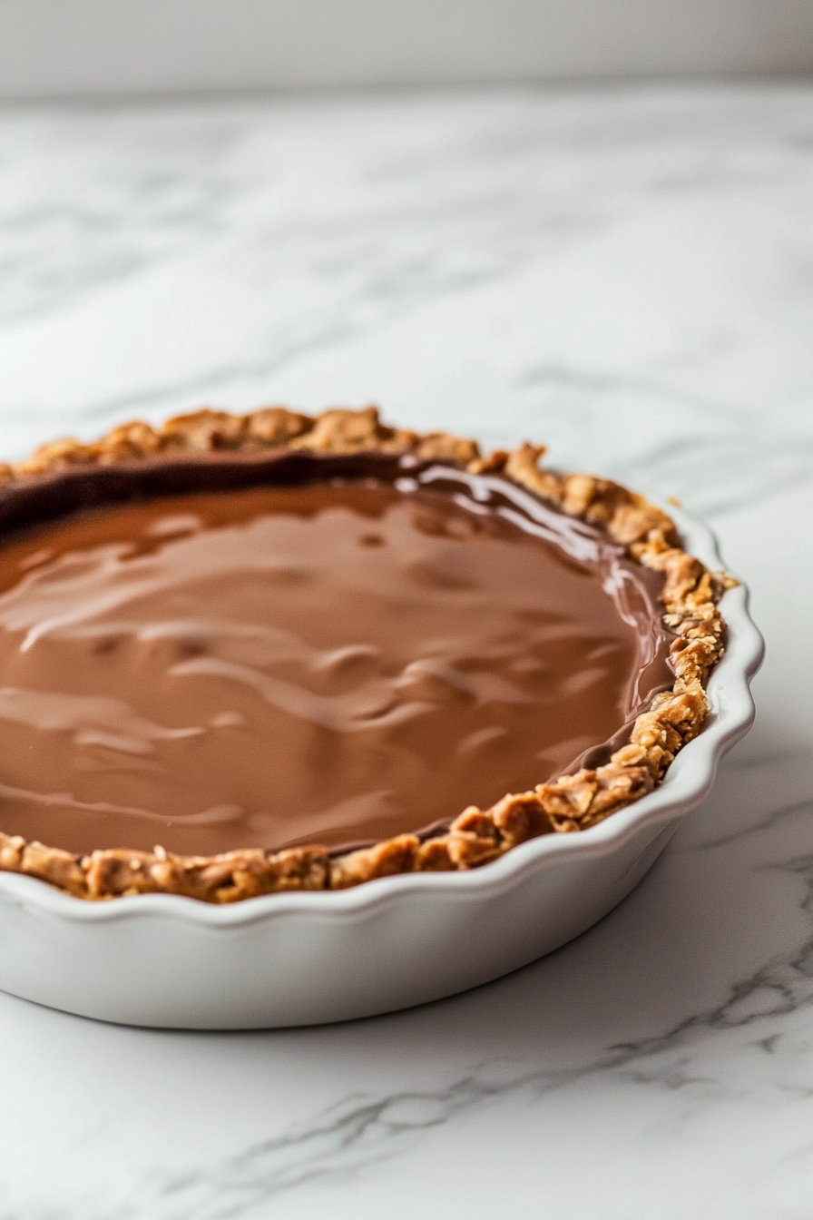 Close-up shot of a chocolate mixture being poured from the blender into a pie dish. The glossy texture of the mixture spreads evenly across the dish.