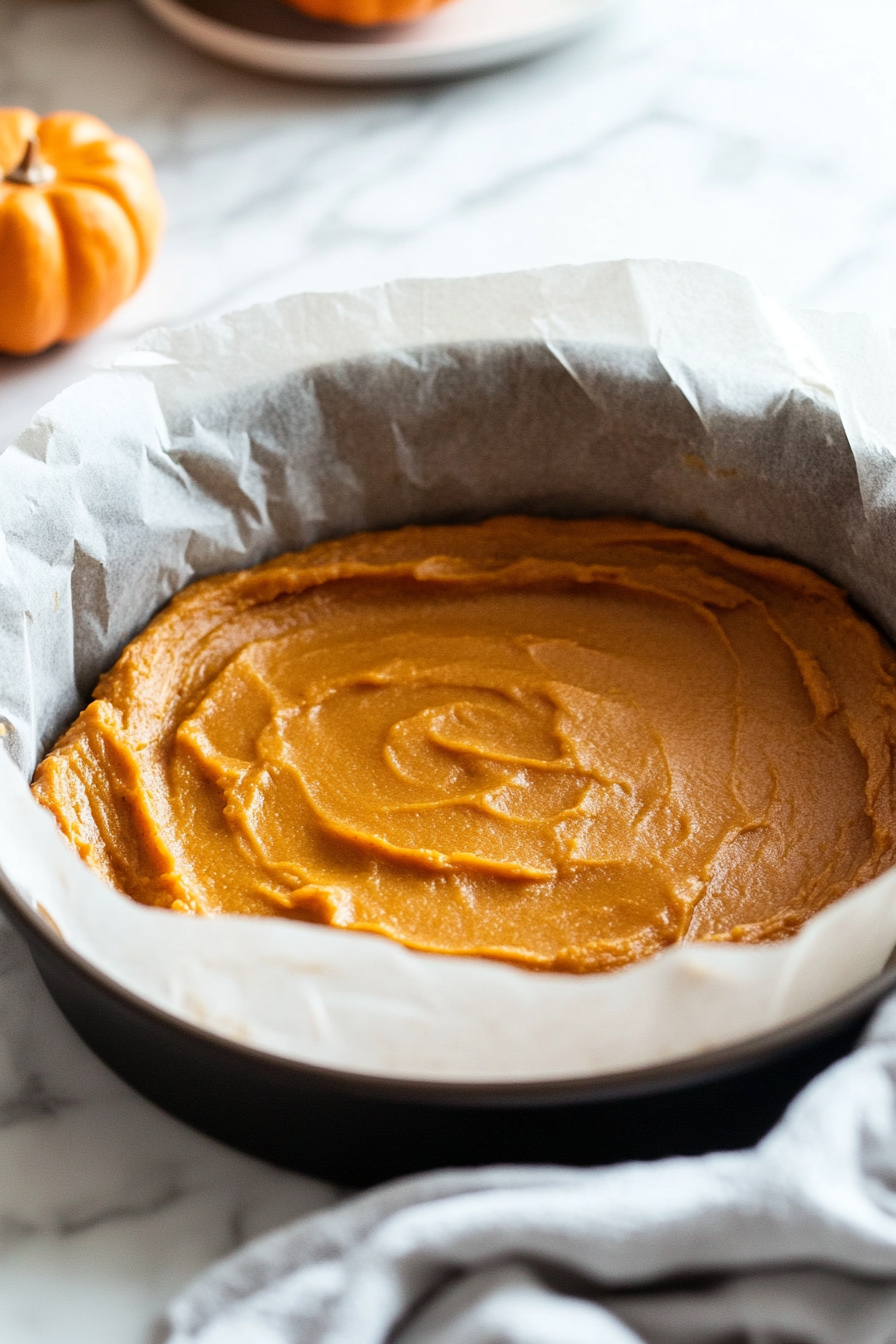 Close-up shot of the smooth pumpkin mixture being poured from the food processor into the prepared baking pan, filling the pan evenly