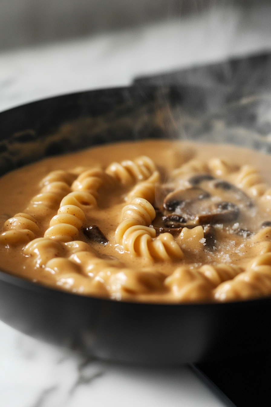 Close-up shot of a black skillet on the white marble cooktop with the vegetable broth mixture being poured into the sautéed mushrooms, onions, and garlic. The sauce starts to thicken as it simmers in the pan.