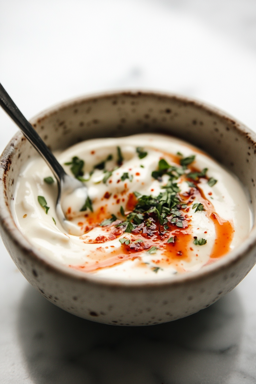 Close-up shot of a small bowl with vegan mayo, sriracha, and rice vinegar being mixed together with a spoon on a countertop