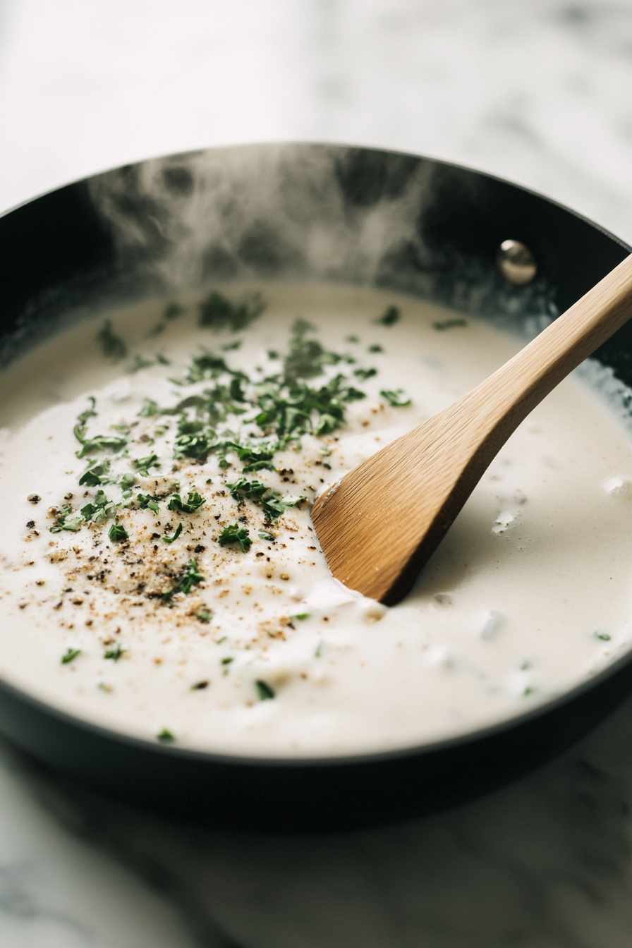 Close-up shot of a large black sauté pan on the white marble cooktop, filled with light coconut milk, water, Italian seasoning, nutritional yeast, and salt. A wooden spoon is stirring the mixture, with steam gently rising from the pan.