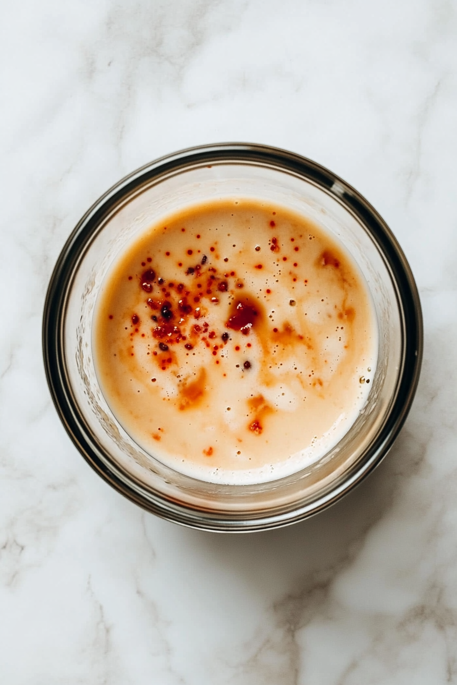 Close-up shot of a glass bowl on the white marble cooktop with soy milk, apple cider vinegar, and hot sauce being stirred together, while the mixture sits to thicken slightly.