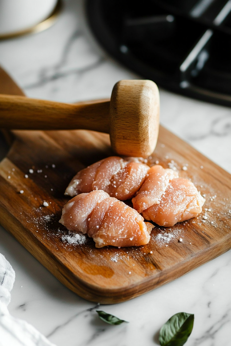 Close-up shot of raw chicken breasts on a wooden cutting board, being pounded to ¼-inch thickness with a meat mallet, over the white marble cooktop. The chicken is uniformly flattened and lightly sprinkled with salt, ready to be coated.