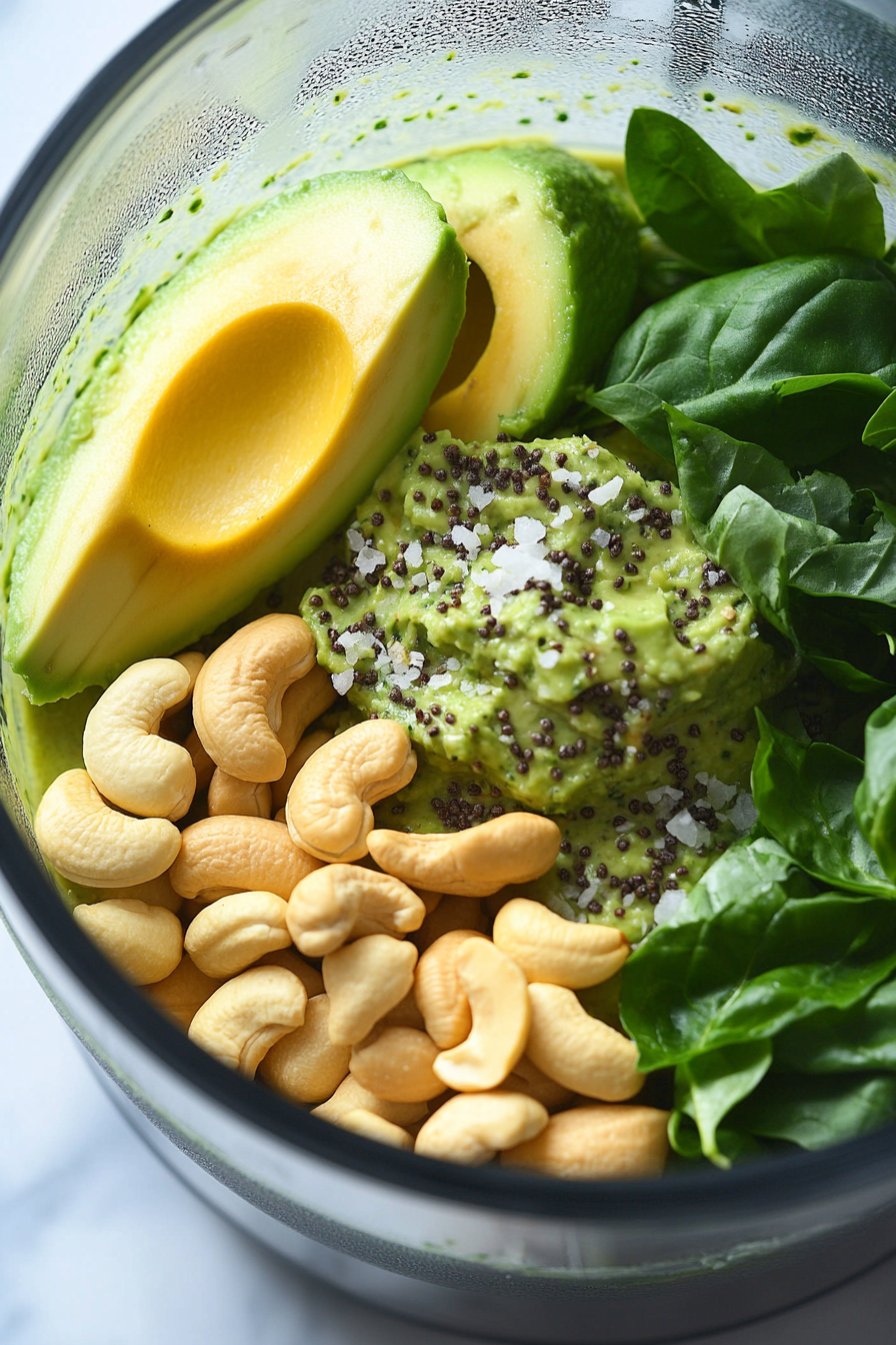 Close-up shot of a high-powered blender on the white marble cooktop. Inside the blender jar are ripe avocado chunks, olive oil, loosely packed basil leaves, thawed spinach, rough-chopped garlic cloves, raw cashews, lemon juice, salt, and pepper. The vibrant green ingredients are layered and ready for blending.