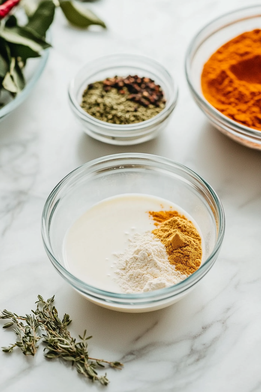 Close-up shot of a glass bowl on the white marble cooktop with plant milk and apple cider vinegar being stirred together to make vegan buttermilk, next to another bowl with flour and a colorful blend of spices being mixed