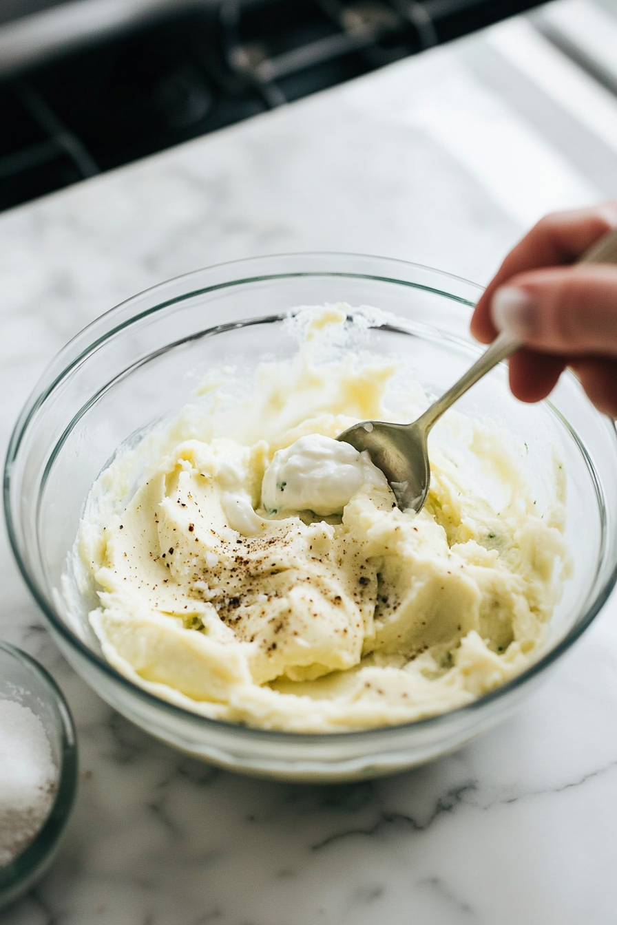 Close-up shot of a glass bowl on the white marble cooktop with mashed avocado, vegan yogurt, lime juice, garlic powder, and kosher salt, being mixed together with a spoon