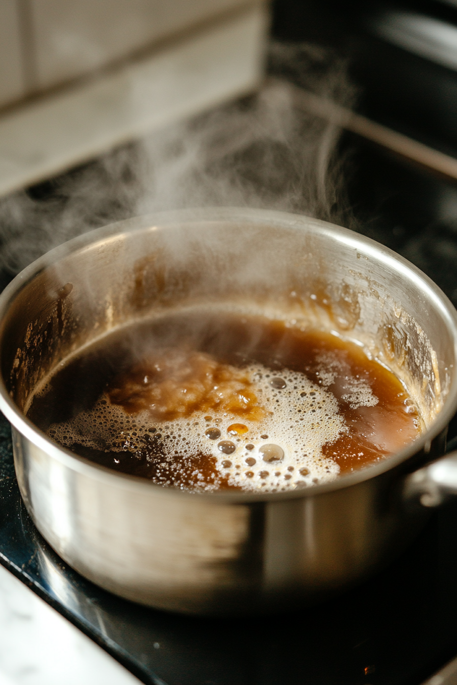 Close-up shot of a small pot on a white marble cooktop, simmering a mixture of brown sugar, butter, cream, vanilla extract, and a pinch of salt. The caramel is thickening and bubbling gently, releasing steam. The contents are being whisked continuously, with smooth caramelization visible in the pot.