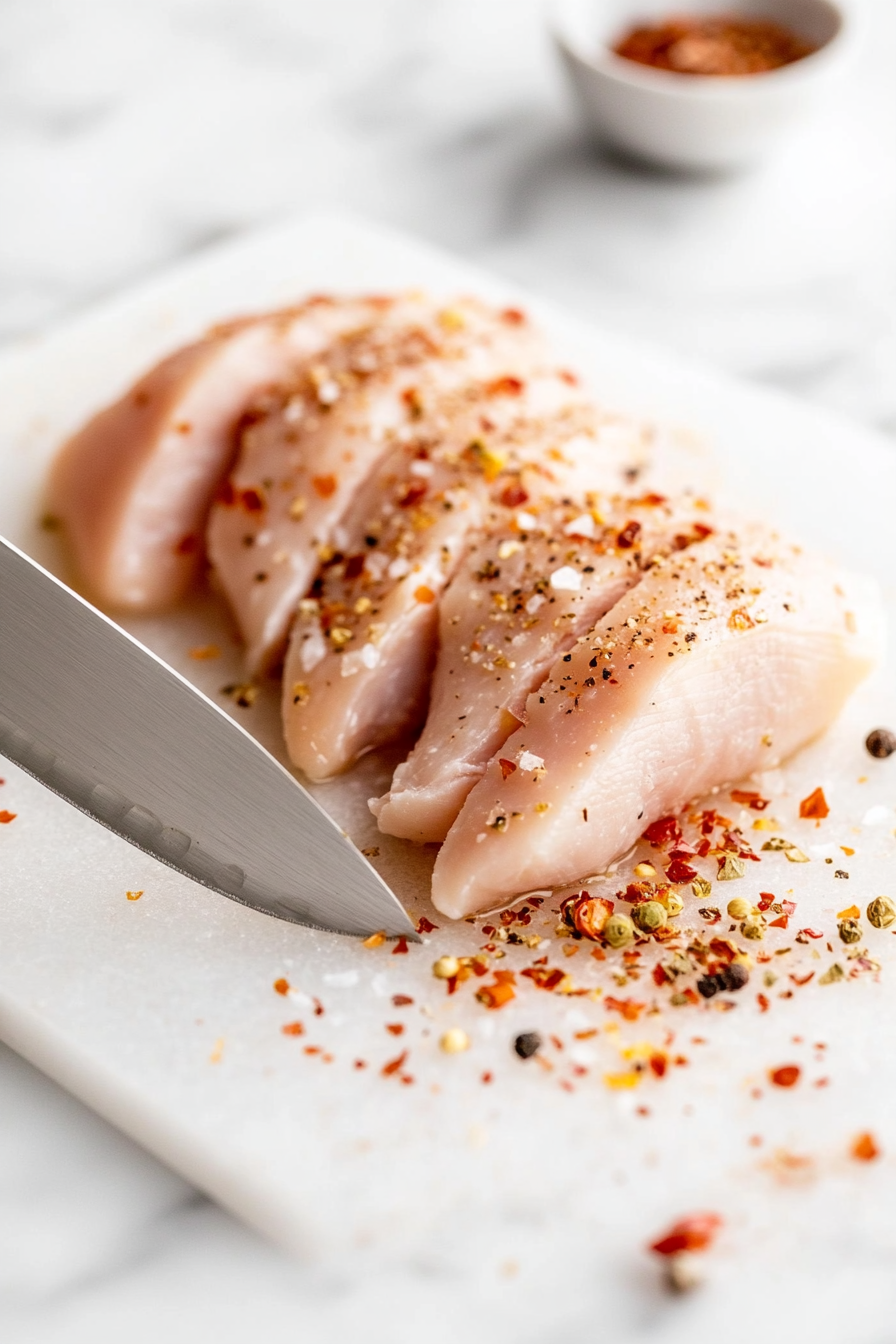 Close-up shot of a knife slicing through two medium chicken breasts horizontally on a clean cutting board placed over a white marble cooktop. The chicken is cut into four thin fillets. Seasonings including Italian seasoning, salt, pepper, and optional red chili pepper flakes are scattered beside the chicken.