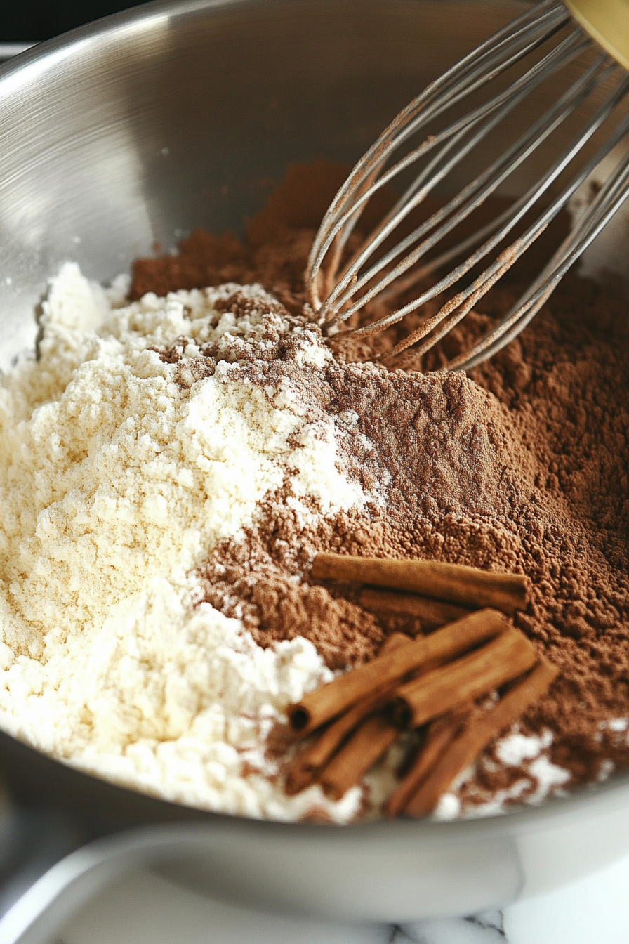 Close-up shot of a large bowl on a white marble cooktop, with flour, sugar, salt, cinnamon, allspice, and ginger mixed together. The dry ingredients are whisked to combine, forming a smooth, even mixture.