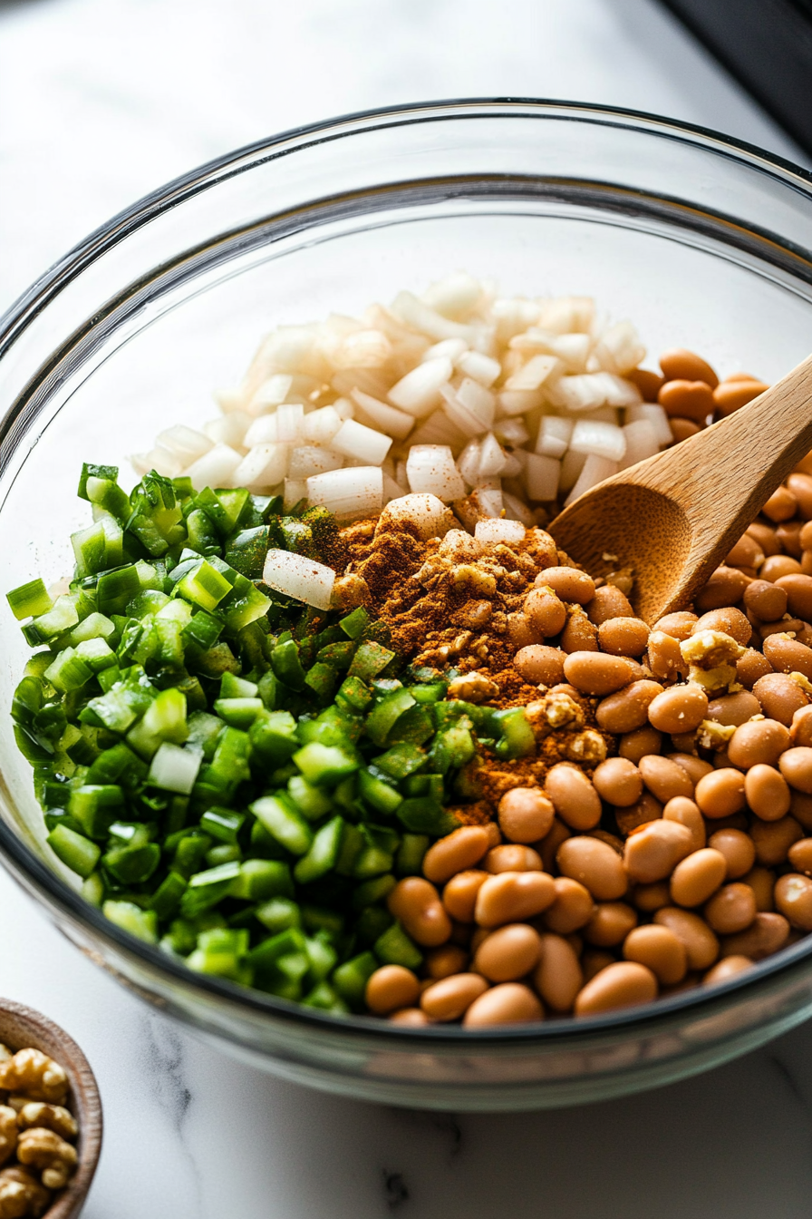 Close-up shot of a glass mixing bowl on a white marble cooktop, filled with pinto beans, crumbled tofu, walnuts, chopped onion, garlic, and jalapeno, with a sprinkle of spices. A wooden spoon rests beside the bowl, ready for stirring