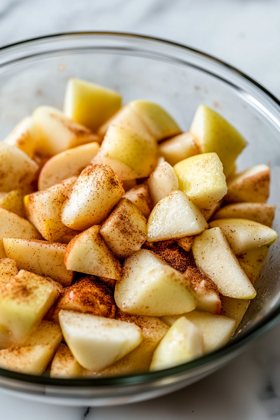 Close-up shot of roughly chopped Honey Crisp apples in a medium bowl on a white marble cooktop, tossed with sugar, ground cinnamon, nutmeg, and freshly squeezed lemon juice. The apples are coated with the spices and juices, ready to be cooked.