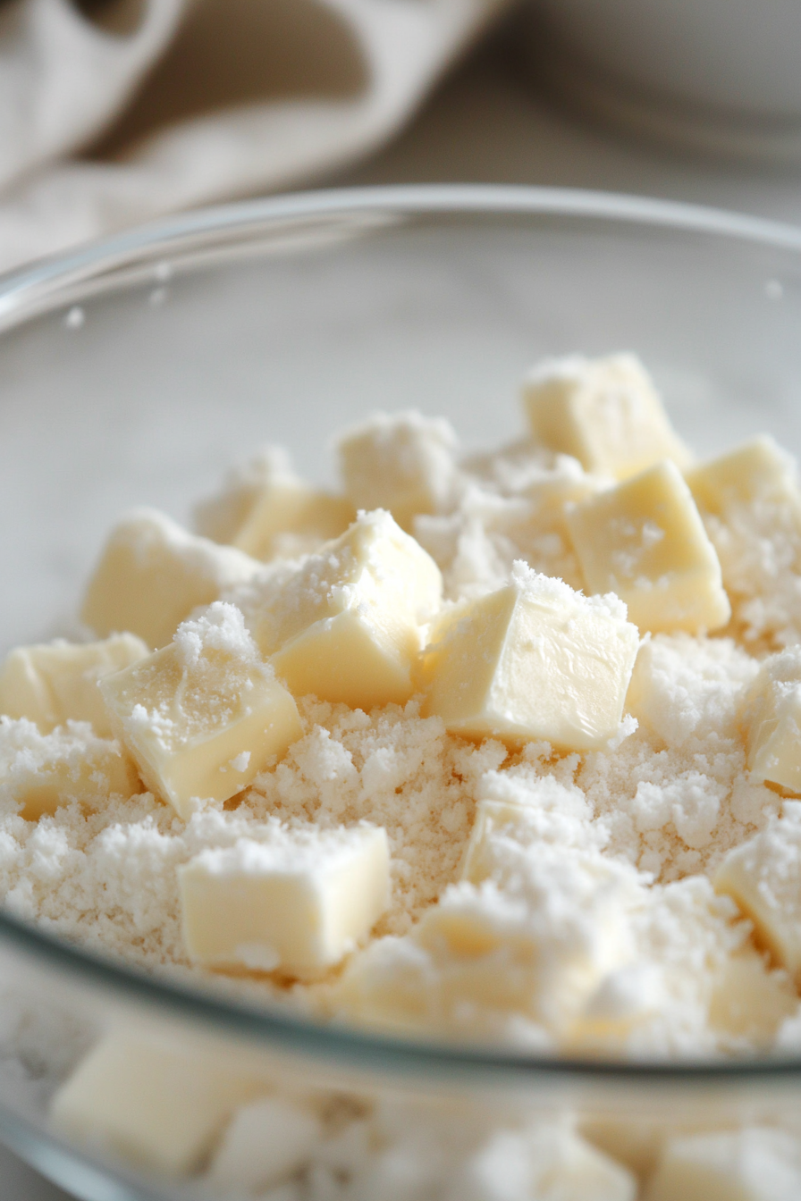 Close-up shot of a glass mixing bowl on the white marble cooktop, filled with plain white flour, fine sea salt, and cold, cubed vegan butter. The mixture is crumbly, ready to be brought together with ice-cold water.