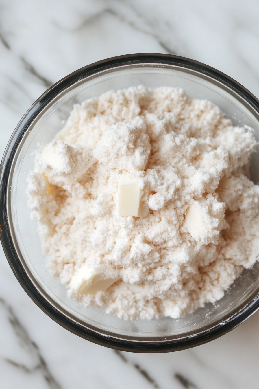 Close-up shot of a glass mixing bowl on the white marble cooktop, filled with all-purpose flour, salt, and sugar. Cold, cubed vegan butter is scattered throughout the mixture, ready to be cut in.