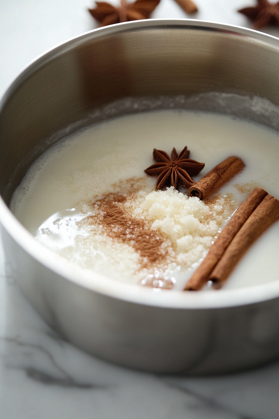 Close-up shot of a shiny stainless steel saucepan on the white marble cooktop, with coconut milk, caster sugar, and spices like nutmeg and cinnamon sticks simmering together. The mixture looks warm and aromatic.