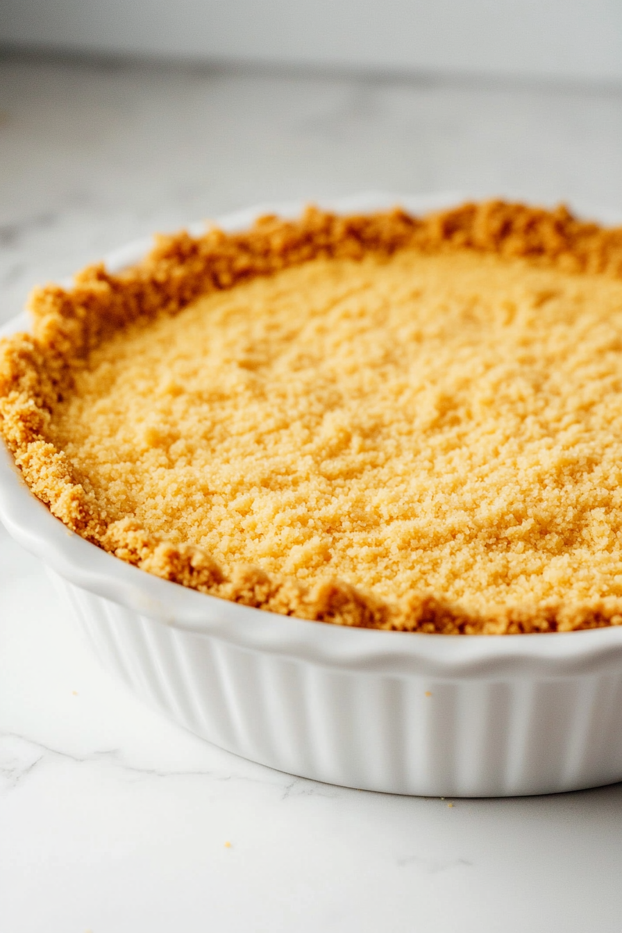 A close-up of a white ceramic pie dish on a white marble countertop with the cookie crumb mixture pressed evenly into the base and up the sides. The crust is firm and smooth, showcasing a golden hue against the white dish.