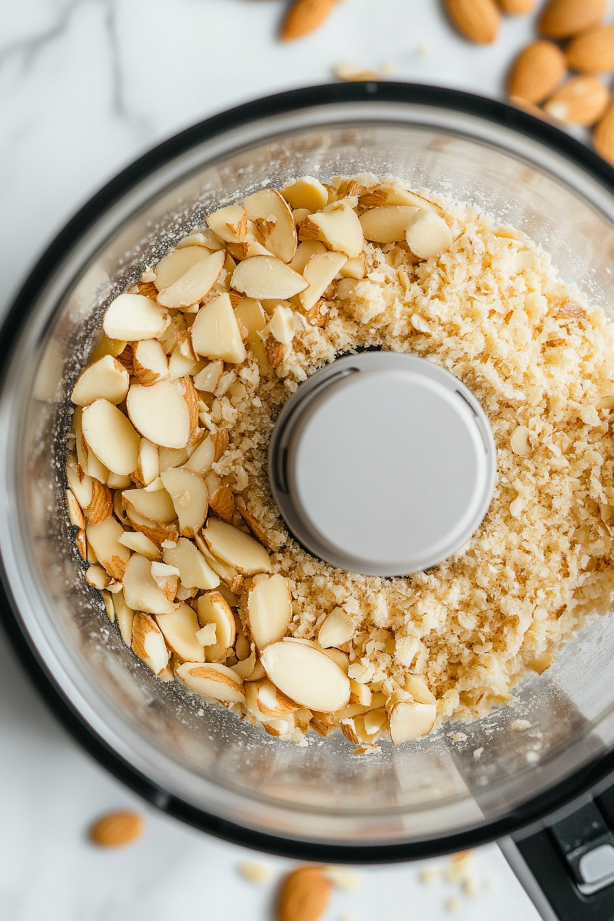 Close-up shot of a food processor on the white marble cooktop with raw slivered almonds inside, pulsed into a crumbly texture, but not powdered. The lid of the processor is slightly ajar, showing the texture