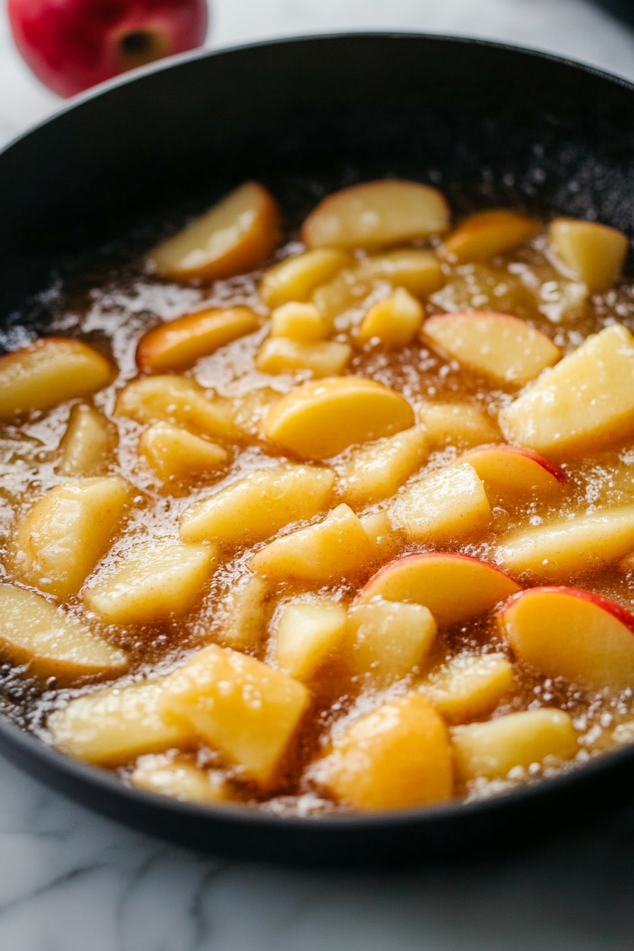 Close-up shot of the juice from the apples simmering in the large black skillet on a white marble cooktop. The liquid is reducing, bubbling and thickening as it cooks.