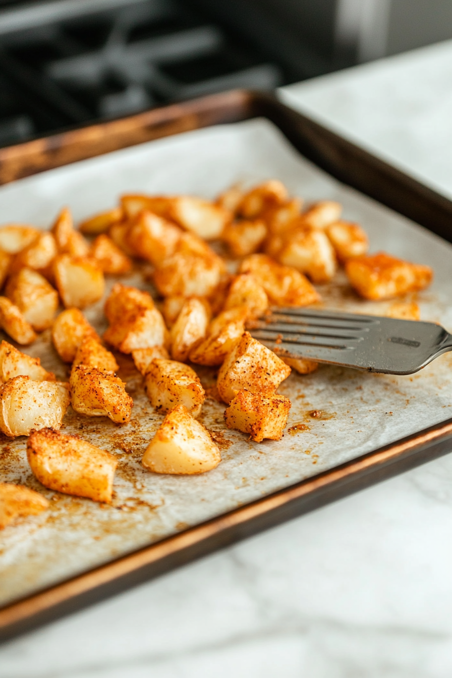 Close-up shot of the baking sheet on the white marble cooktop, with a thin metal spatula carefully scraping the golden-brown potatoes off the parchment paper. The potatoes look crispy and perfectly roasted.