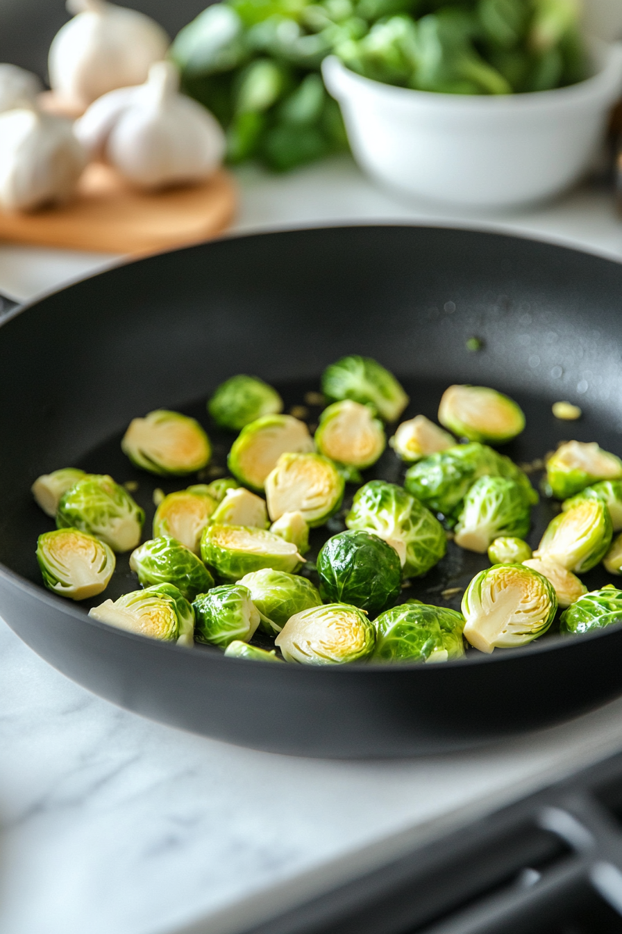 Close-up shot of the same large black skillet over the white marble cooktop, now empty except for traces of sautéed garlic and olive oil, with the Brussels sprouts removed and set aside.