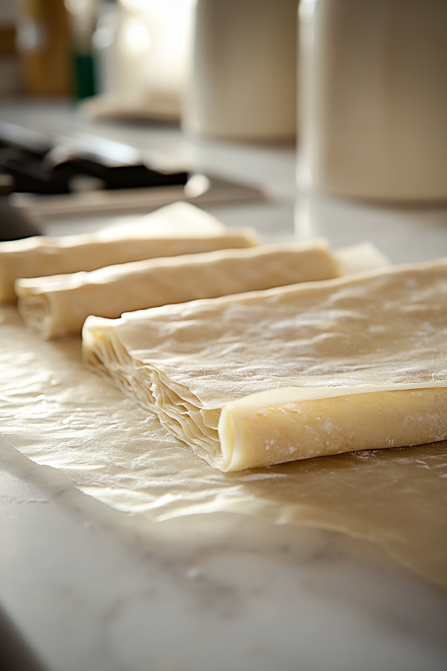 Close-up shot of a rolled-out dough lining a tart pan on the white marble cooktop. Parchment paper and baking beans rest on top of the dough, ready for blind baking in the oven.