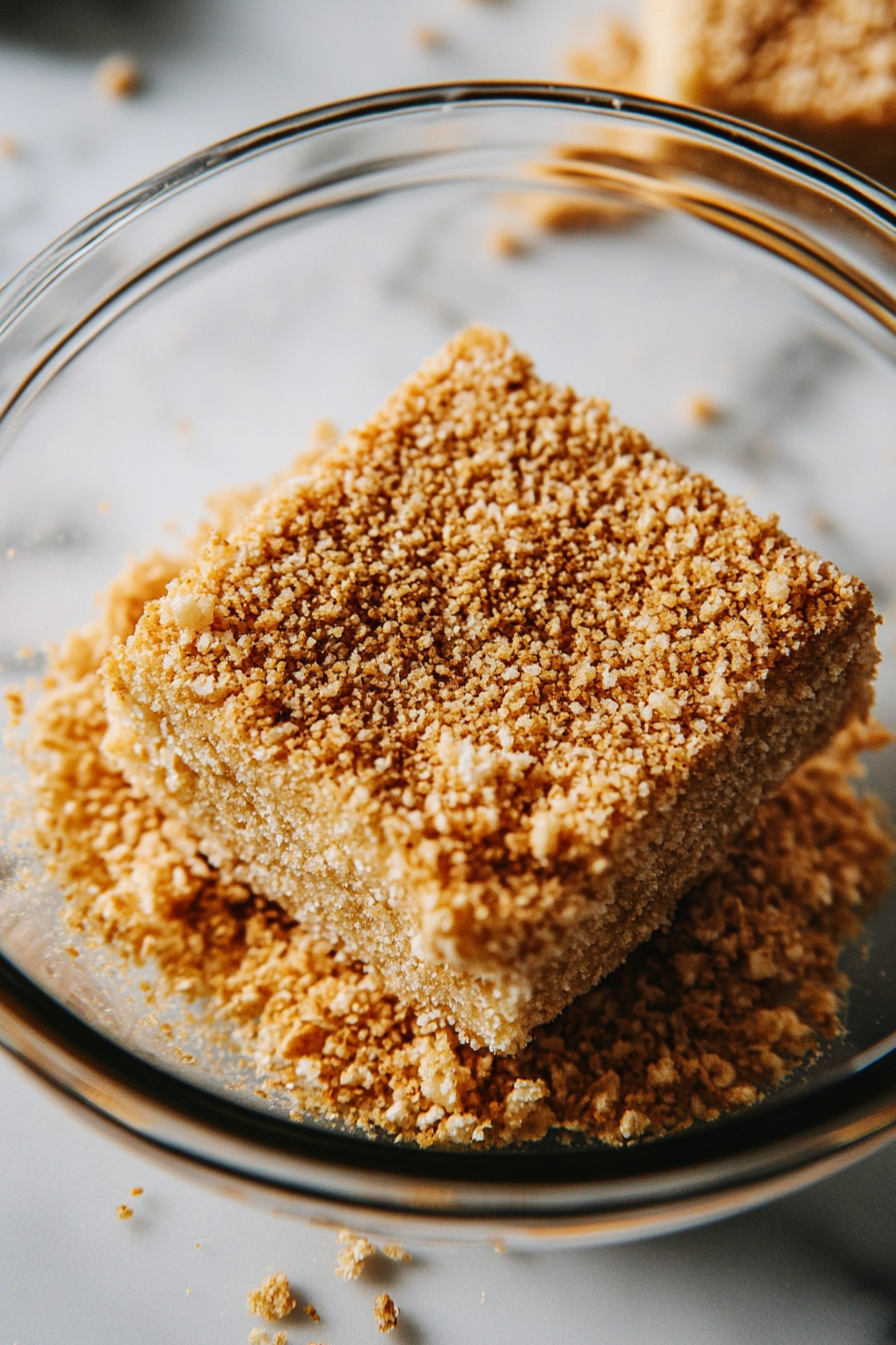 Close-up shot of the coated vegan Chick’n sandwich rolled through a bowl of crisp, golden Panko breadcrumbs, completely covering it in a perfectly even layer, over the white marble cooktop.