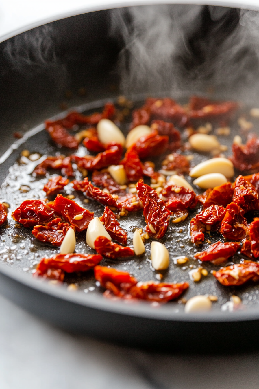 Close-up shot of a large black skillet on a white marble cooktop, with garlic cloves minced and sun-dried tomatoes chopped, sautéing in the skillet. The mixture sizzles gently, releasing aromatic steam. The skillet is shiny and evenly heated, with water added to assist in cooking.