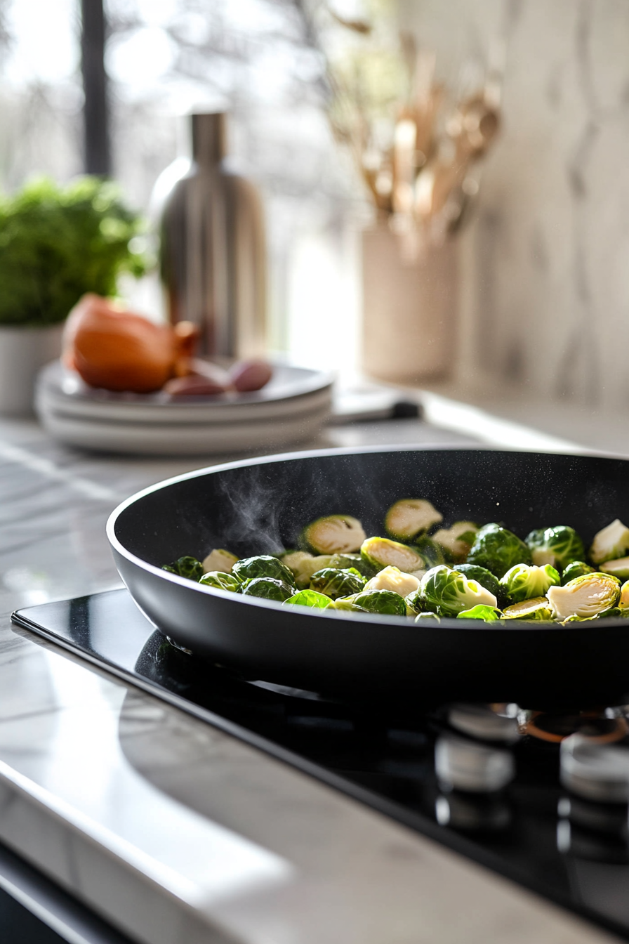 Close-up shot of a shiny large black skillet over the white marble cooktop, sizzling with chopped garlic and halved Brussels sprouts glistening in olive oil. The sprouts are beginning to brown, seasoned with a sprinkle of salt and pepper, with a vibrant green hue.