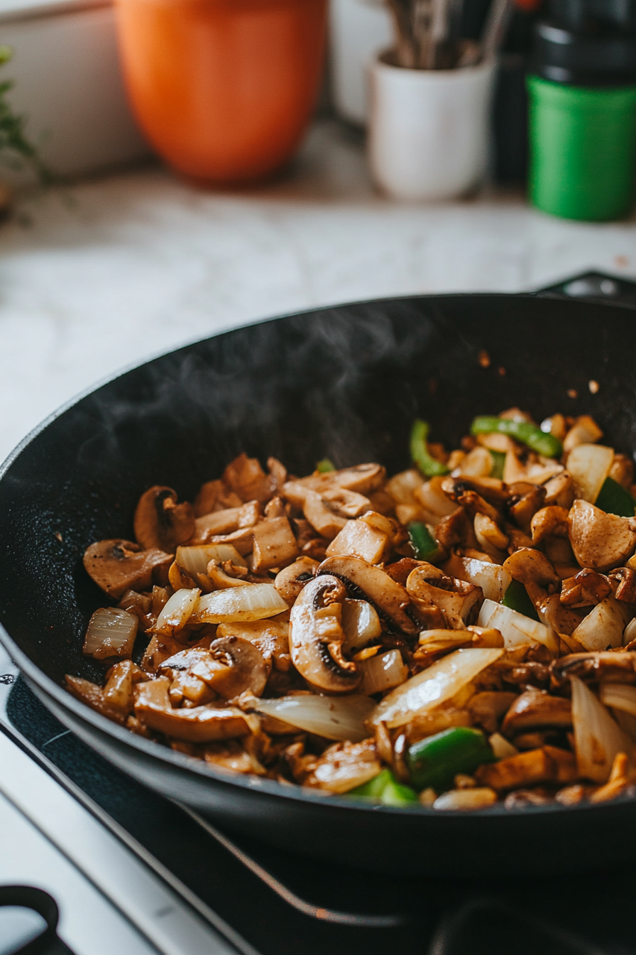 Close-up shot of a black skillet on the white marble cooktop with vegan butter melting. Chopped onions and minced garlic are being sautéed until translucent and slightly browned. The skillet is filled with golden vegetables, ready for the mushrooms