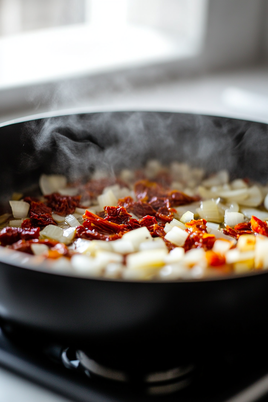 Close-up shot of a large black pot on the white marble cooktop. Olive oil is heating in the pot as chopped onion, minced garlic, and sun-dried tomatoes sizzle. The vegetables are being sautéed with tomato paste and Italian seasoning. Spiral-shaped pasta sits on the countertop beside the pot, ready to be added.